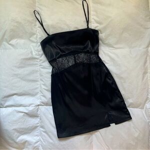 Black Satin Slip Dress with Lace Detail